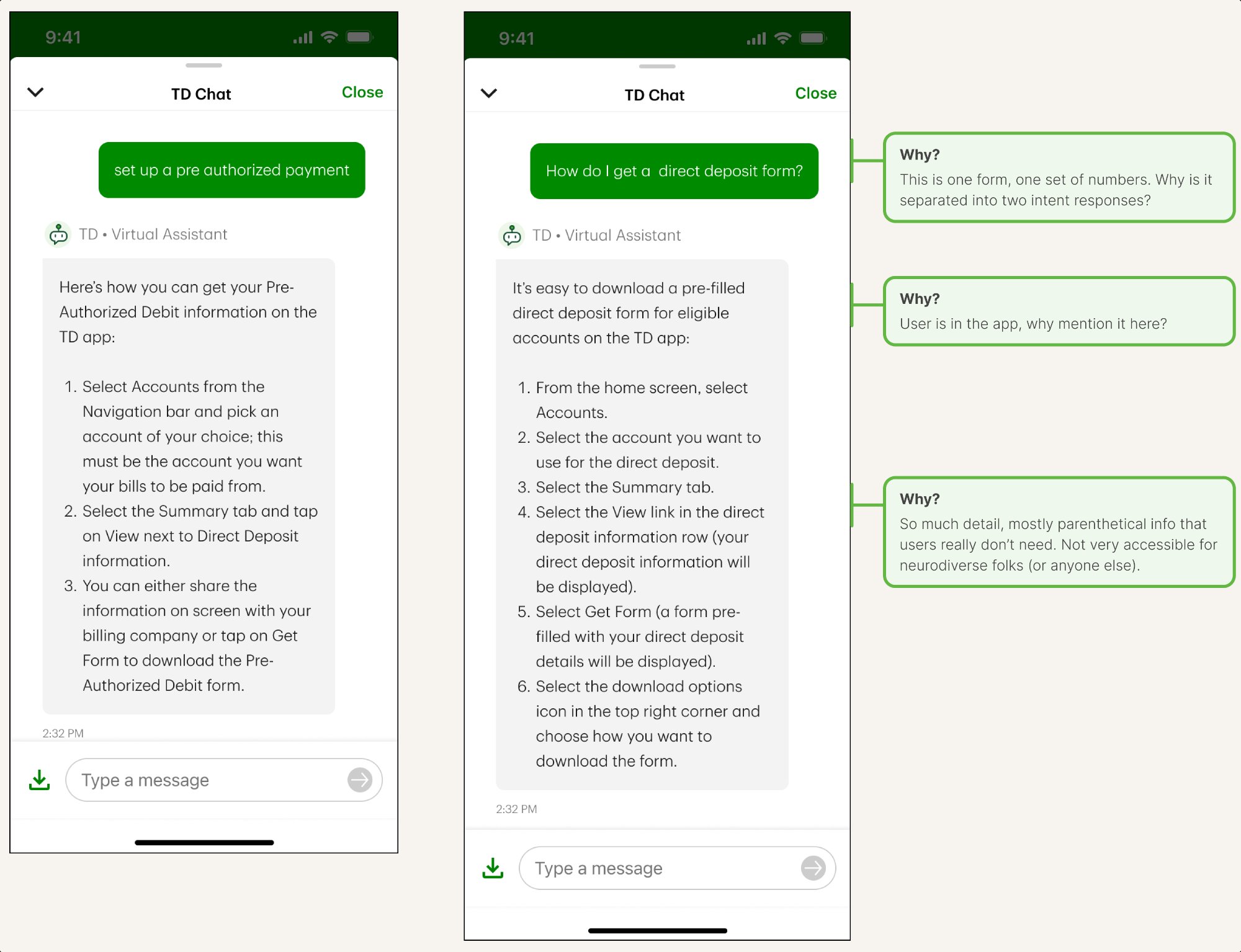 Existing Clari chatbot direct deposit flows with Why annotations