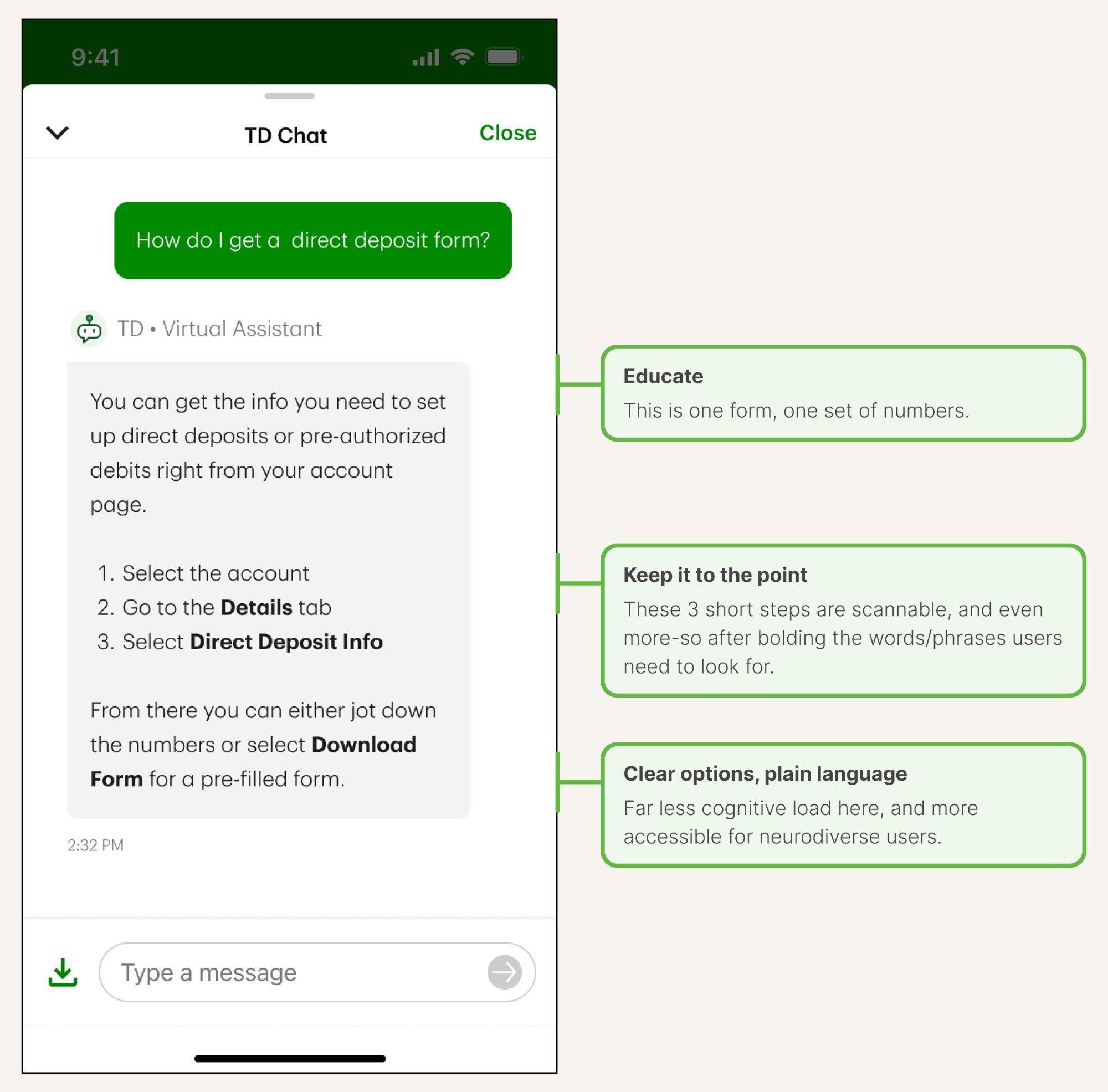 First update to Clari direct deposit flow with design annotations