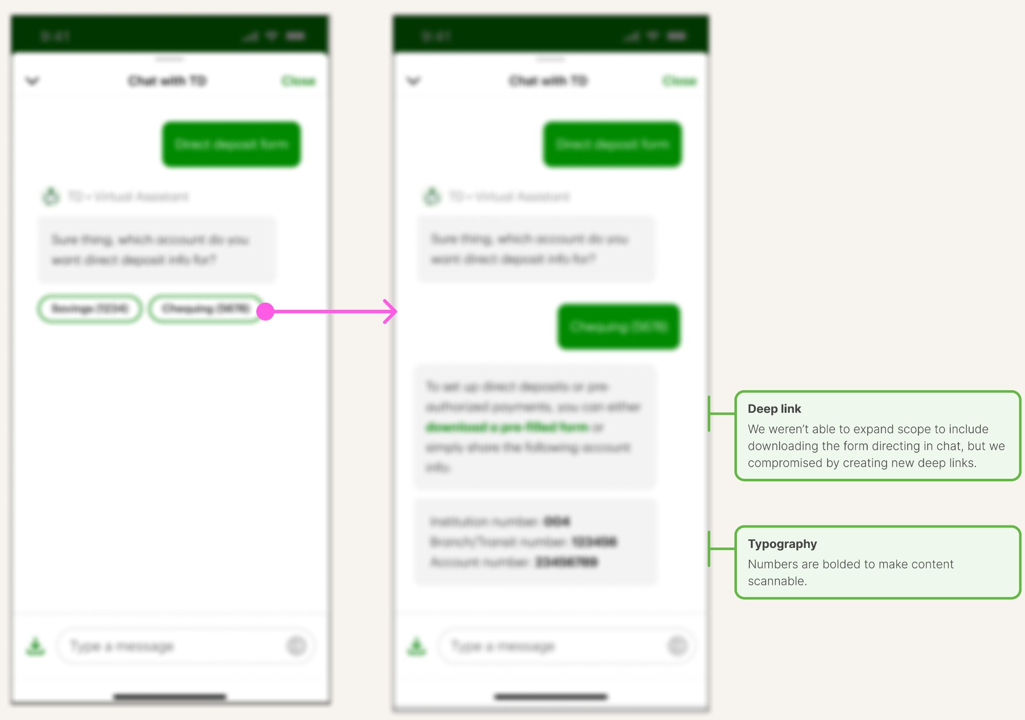 Final Clari direct deposit iteration — blurred for confidentiality